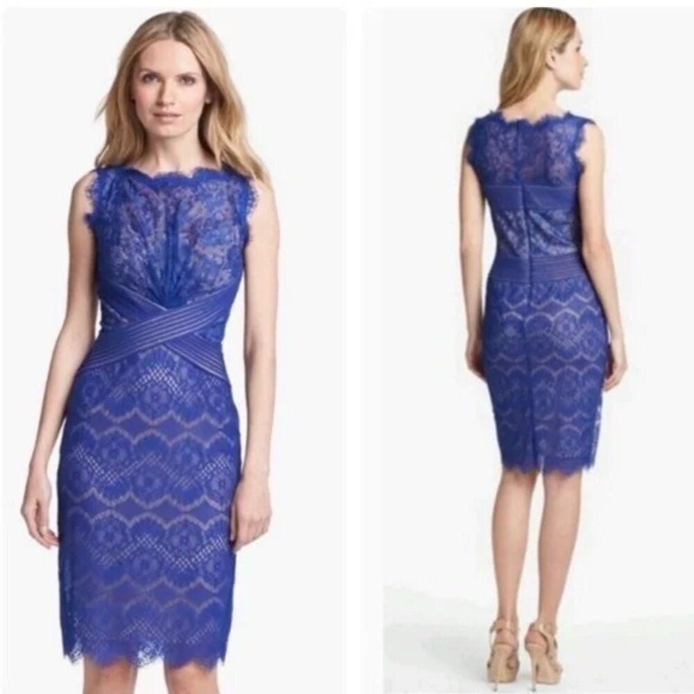 Tadashi Shoji Blue Chantilly Lace Sheath Boatneck Dress Sz 10P wedding Cocktail